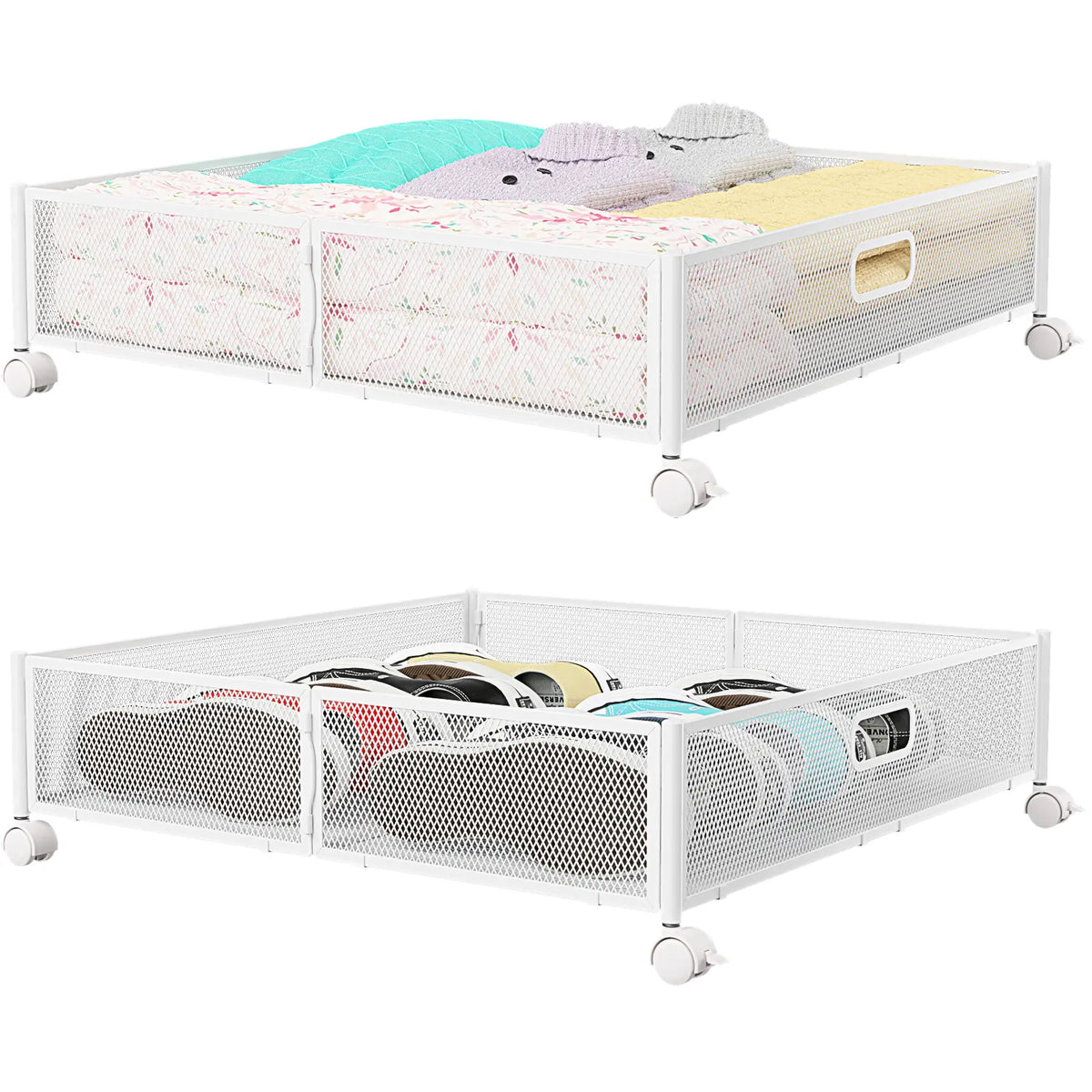 Flycity 2-Pack Under Bed Storage Box with Rotating Wheels - Durable Foldable Collapsible Organizer for Bedroom Clothes, Shoes - Closet Organization, Collapsible Easy Access Flexible Compact Open Storage Bins (Black/White), Collapsible Open Storage Bins