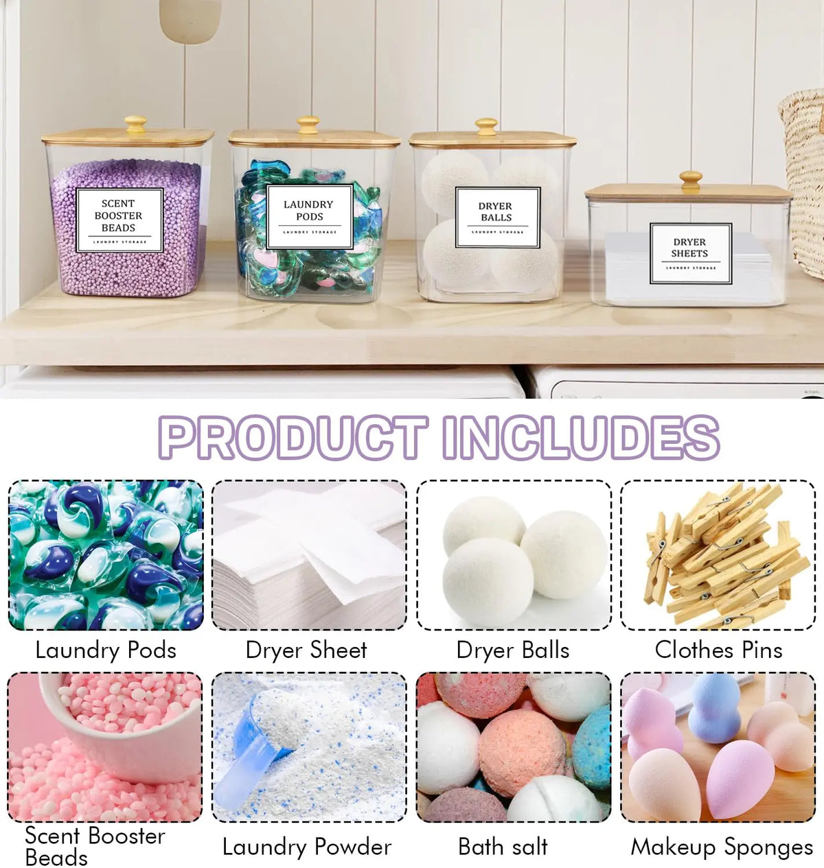 3+1 Pack Laundry Pods Storage Container, Clear Laundry Room Organization and Storage, Detergent Powder Container, with Wooden Lids & Labels