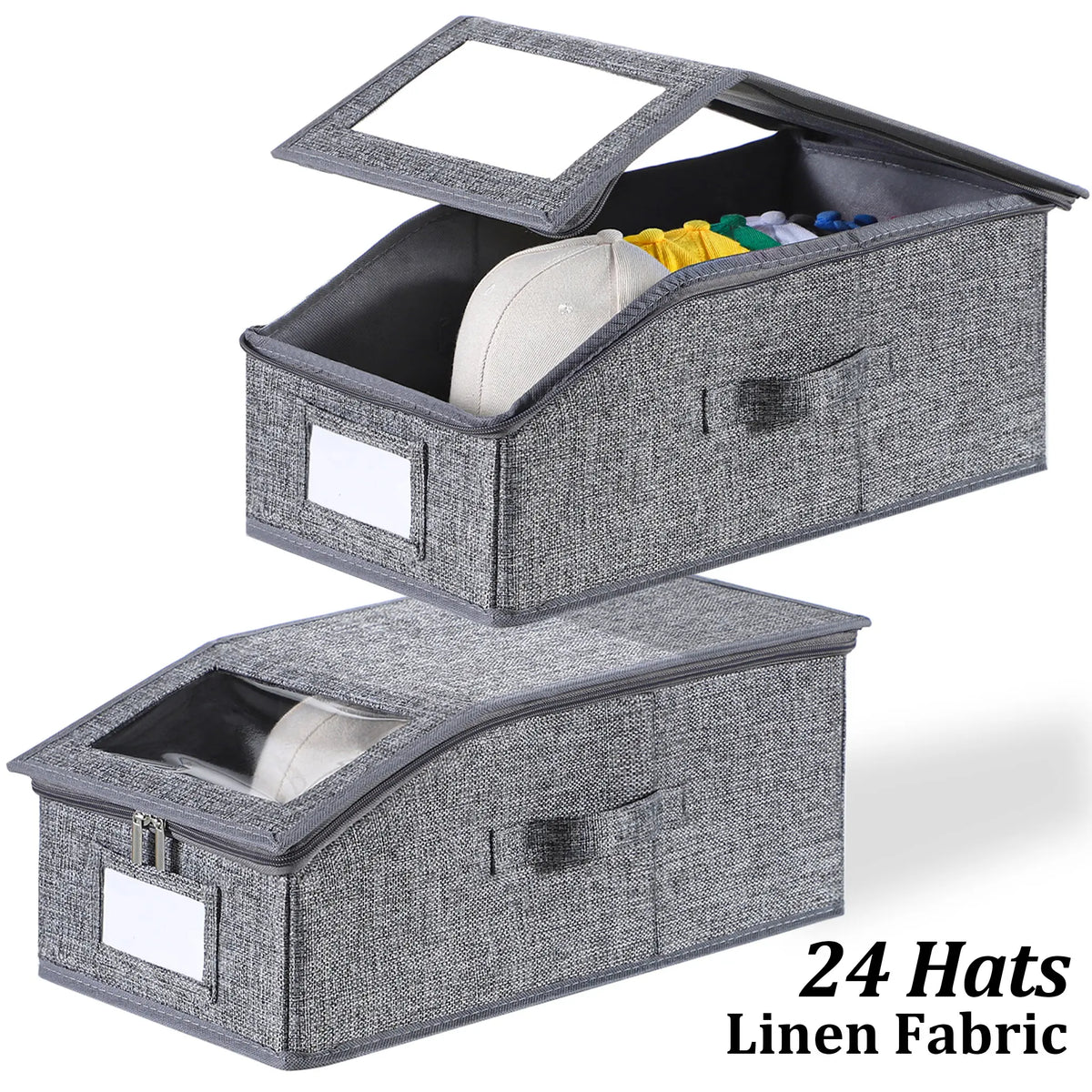 TAYTUU Linen Fabric Hat Organizer Bin - Collapsible, Transparent Window, Zip & Drawstring, Dustproof Closet Storage, Durable Cardboard, Holds 24 Baseball Caps, 16.93inL x 9.06inW x 7.56inH, ADHD Home Organizer