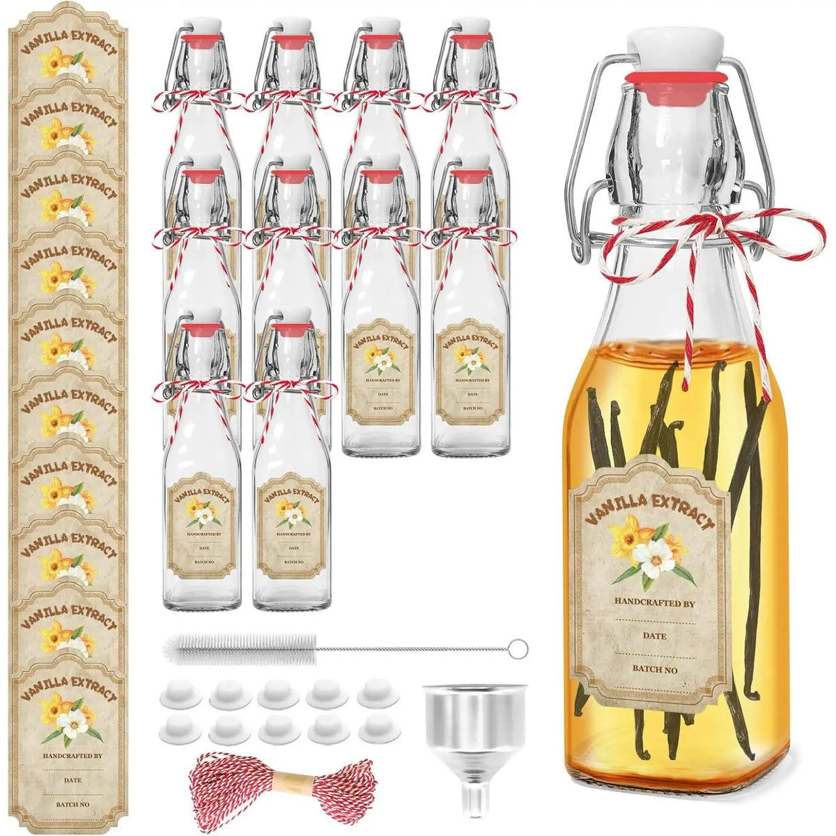 10-Pack 8oz (6 – 8.9 Fl Oz) Swing Top Glass Vanilla Extract Bottles with Flip Top Lids, Funnel & Labels – Boston Glass Storage Bottles for Syrup Gifting, Home Organizer Supplies by Sohochic