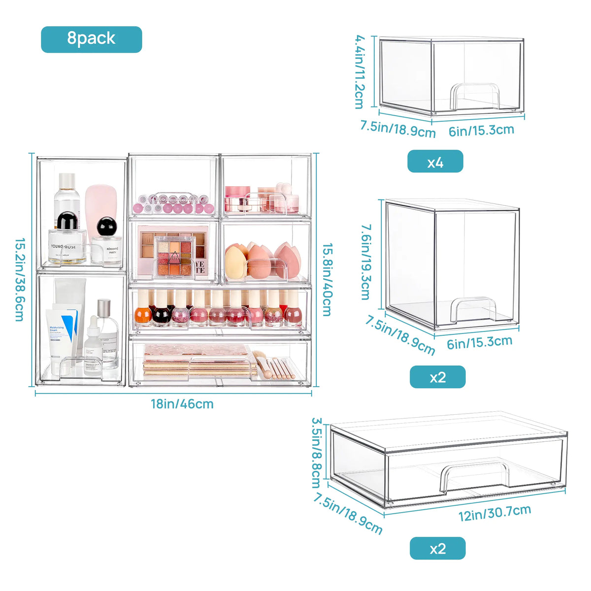 【Bottles Station】Vtopmart Stackable Nursery Set of 5/8 Clear Plastic Organizer Bins for Makeup Beauty Supplies Vanity Bathroom Cabinet Pantry, Multi-Size Flexible Design BPA-Free Safe Water&Dust Proof