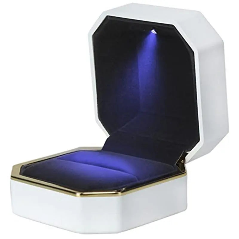 Luxury Ring Box, Square Velvet Wedding Ring Case Jewelry Gift Box with LED Light for Proposal Engagement Wedding Organiser