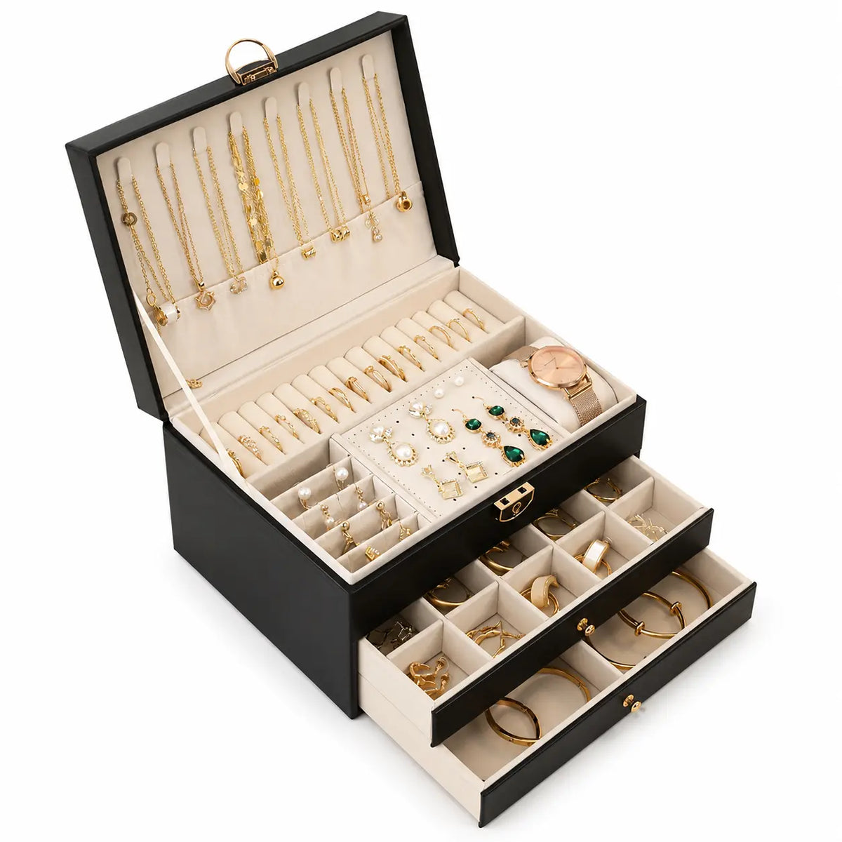 3-Layer Jewelry Organizer Box with Drawers, Large Capacity Jewelry Storage Case for Rings, Earrings, Necklaces, Bracelets and Watches, Gift for Women