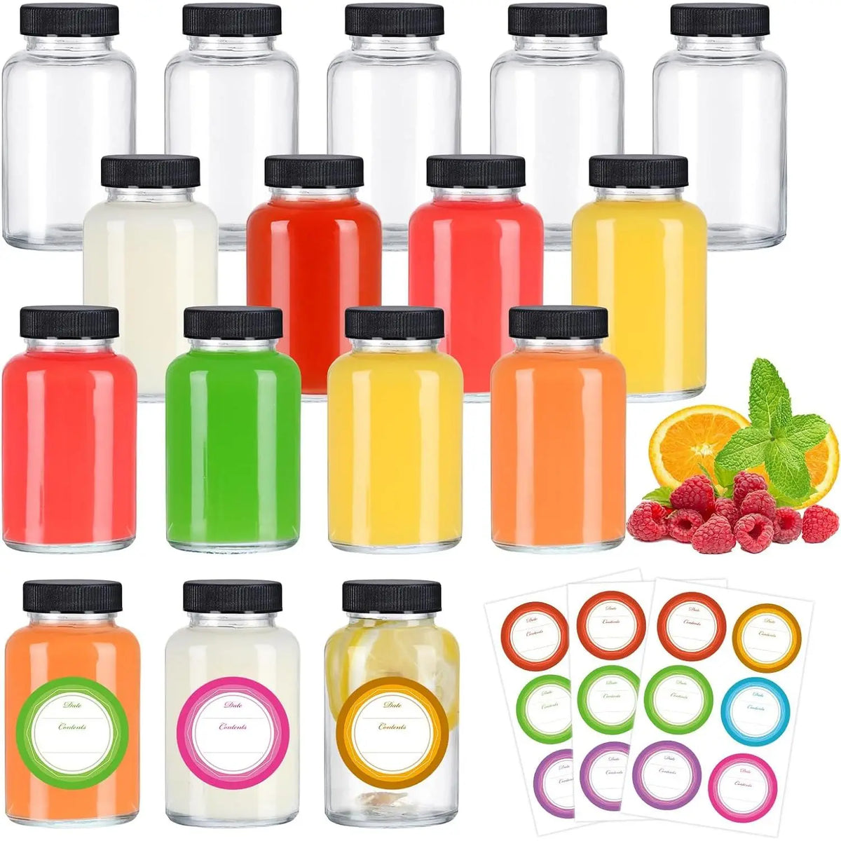 2 oz Glass Ginger Shots Bottle with Caps, 12 pack 60 ml Juice Shot Bottles,Leakproof Small Glass Bottles with Lids for Ginger,Beverages