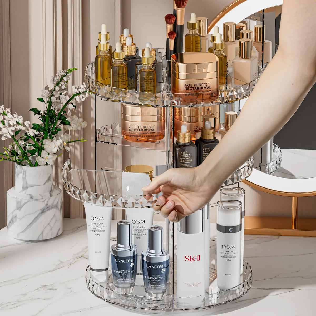 ZHIAI 360 Rotating Makeup Organizer, Large Capacity Cosmetics Organizer for Perfume Holder Organizer Countertop, DIY Adjustable Bathroom Makeup Carousel Holder Rack, Clear Diamond