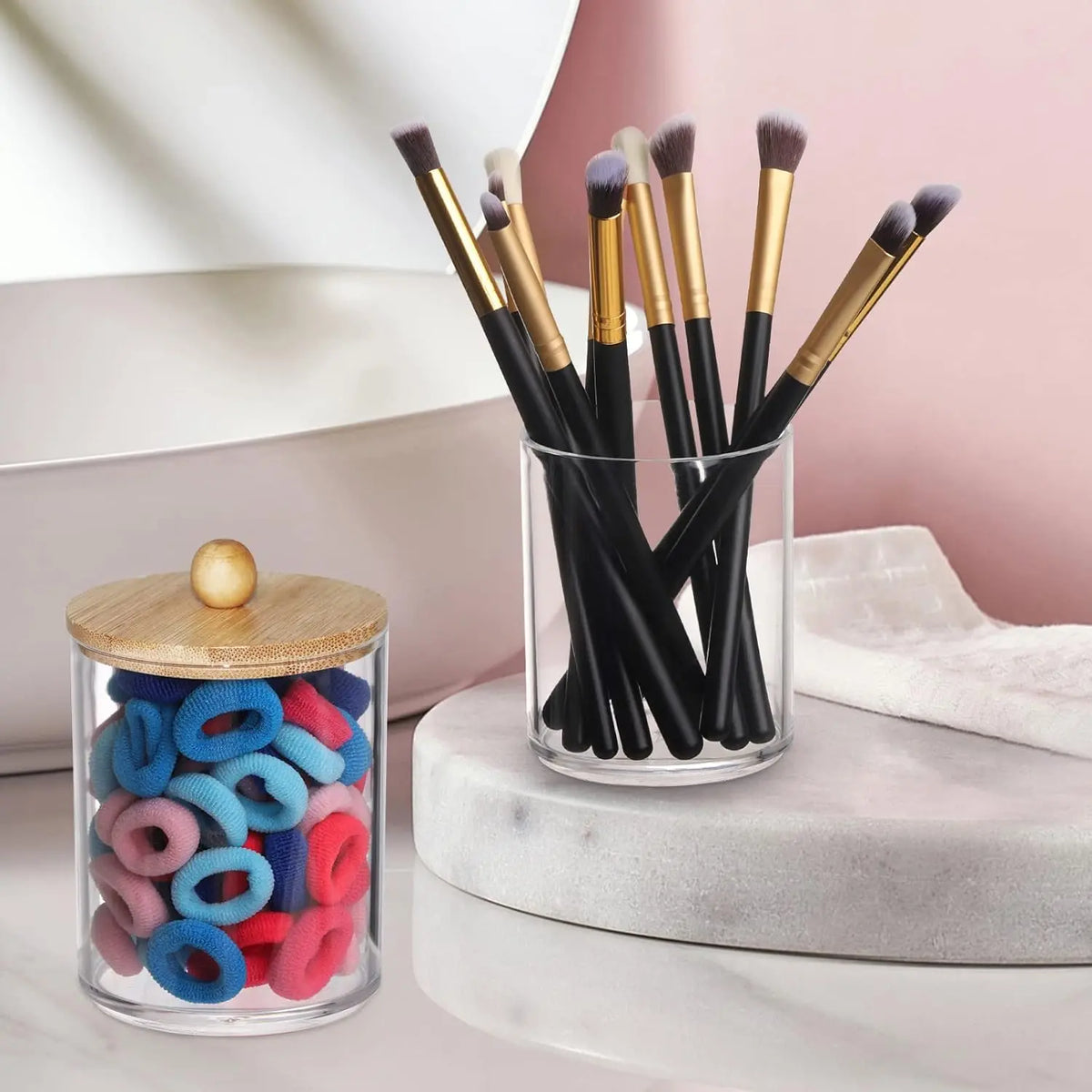 4 Pack Qtip Holder, 10-Ounce Bathroom Organizer Accessories Storage Containers Clear Plastic Apothecary Jars with Bamboo Lids for Cotton Ball, Cotton Swab, Floss