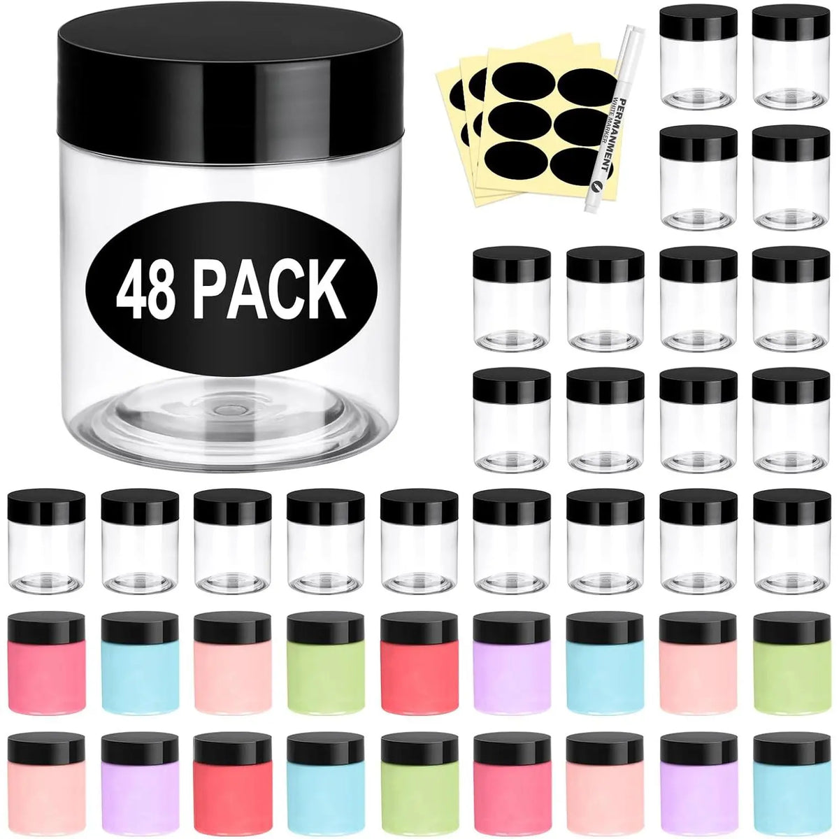 48 Pack Plastic Jars with Lids 6 OZ - Empty Clear Containers with Pen and Labels, Round Small Plastic Jars with Screw On Lids for Slime, Makeup, Butter, Cream, Lotion, Pot, Dry