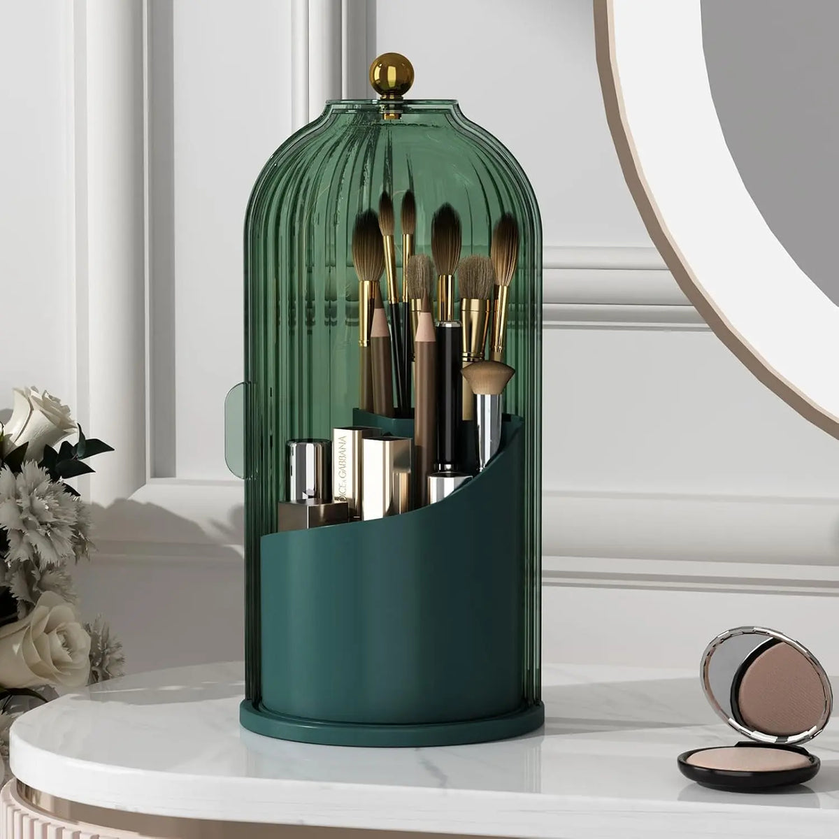 Luxury 360° Rotating Makeup Brush Holder with Transparent Door Lid - Modern Cosmetic Storage Box, Organizer Storage, Spin to Access Vanity Desktop Countertop Container for Students