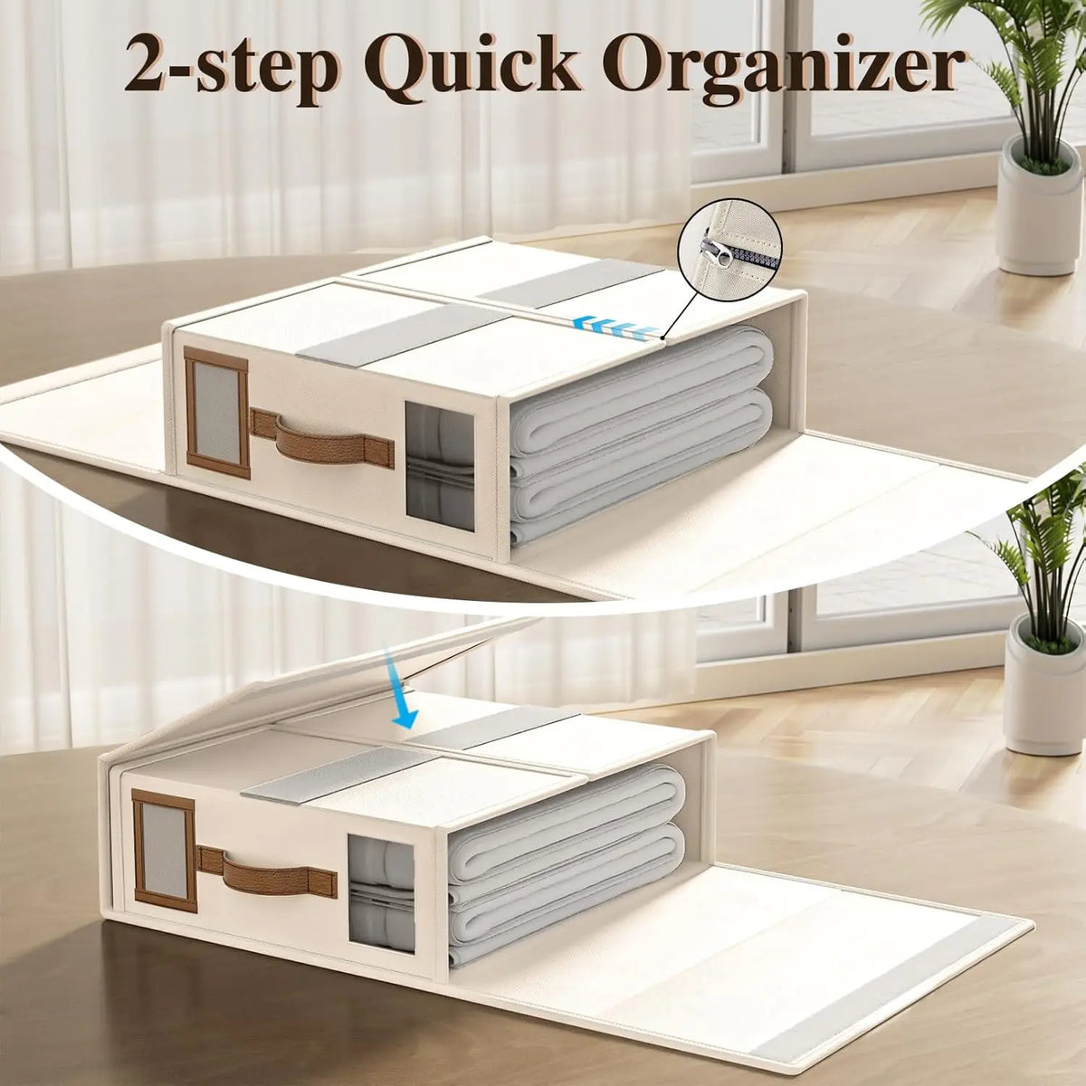 4 Pack Beige Foldable Linen Organizer Bin Boxes - Transparent Window, Labels, King/Queen Size, for Sheets, Pillowcases, Duvet Covers, Sofa Storage Organization