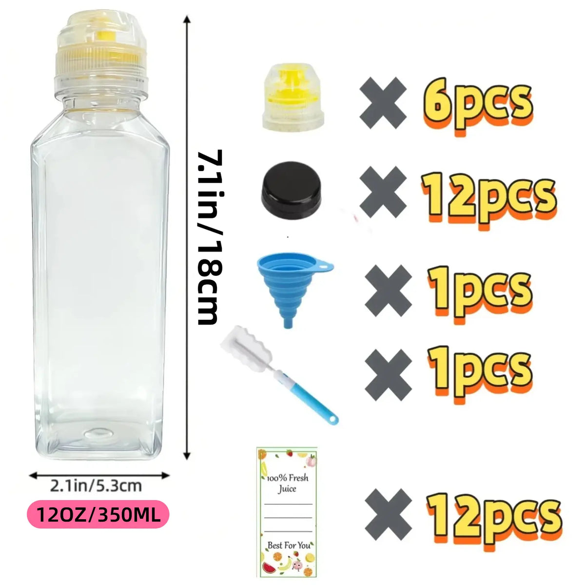 12-Pack 12 oz Empty Square Plastic Juice Decant Storage Bottles & Jars Set, Leakproof Dual Caps, Squeeze Design, Silicone Spout, Large-Capacity Containers for Juicing, Homemade Drinks