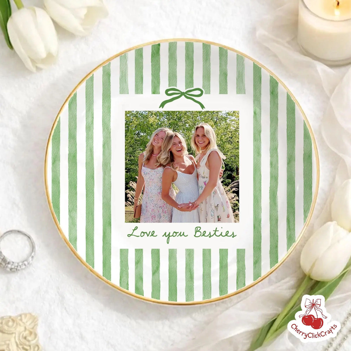 Customizable Personalized Bestie Photo Vector Ceramic Jewelry Dish - Home Organiser for Small Jewelry Items, Striped Countertop Trinket Tray, Special Occasions Gift for Best Friend