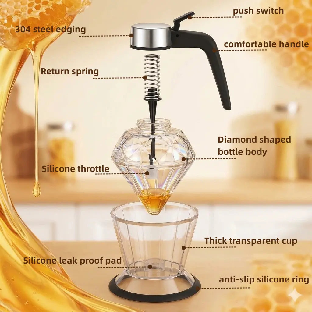 8oz No-Drip Glass Honey Dispenser with Lid & Steady Stand Base, Bottom Flow High-Quality Durable Glass Jar for Daily Use, Coffee/Maple Syrup Container for Tea Time & Gifting (Elegant Honeycomb Design)