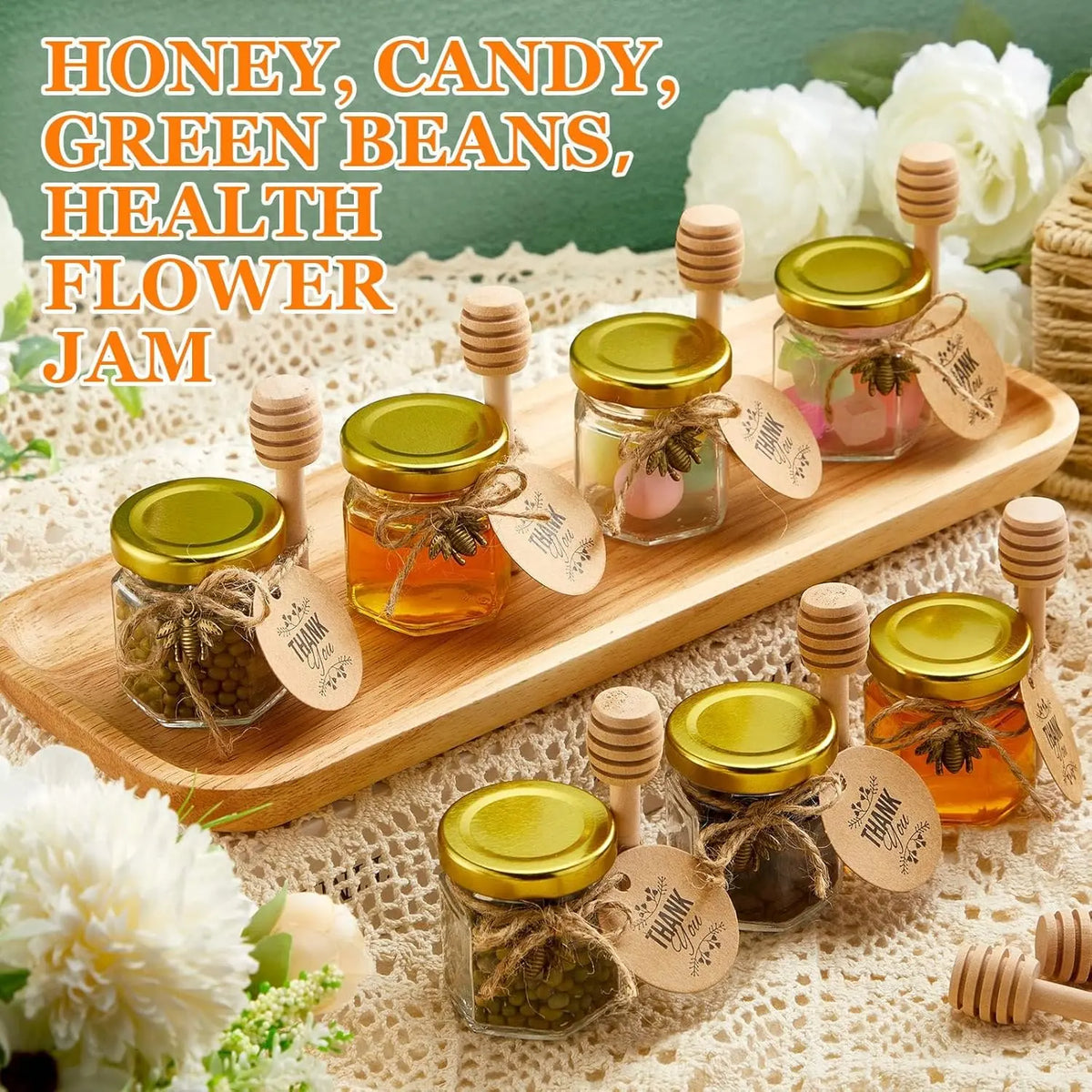 30 Pack 1.5oz Compact Eco-Friendly Traditional Rectangle Mini Glass Honey Jars with Dippers - Gold Metal Lids, Bee Pendants, Gold Ribbons, Waterproof, Freshness-Maintaining, Dishwasher Safe, Wooden Accent Compatible Wedding Party Favor Storage Containers
