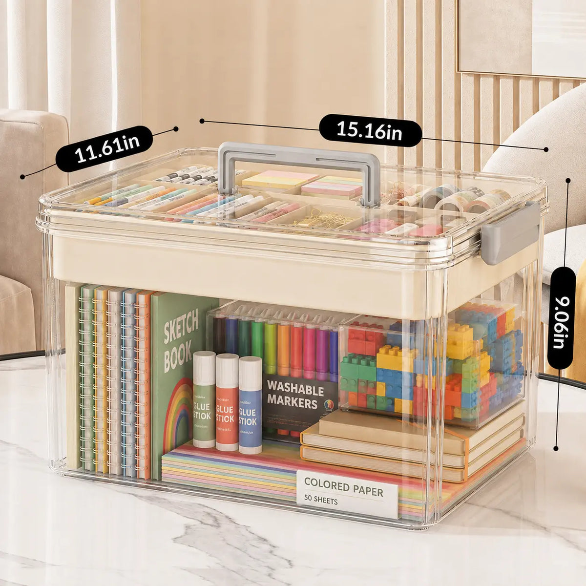 UFORU Modern Rectangular Double-Layer Storage Organizer with Handle - Transparent Body Shows Contents Fast, Large Capacity Portable Home Supplies Storage Organization Box for Art Supplies, Kids’ Small Toys
