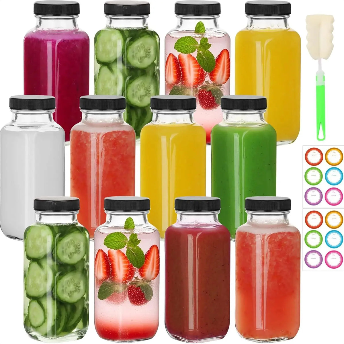 8 oz Glass Juice Bottles with Lids,6 PACK Bottles for Juicing,Square Drinking Jars Glass for Coffee,Cola,Milk,Tea in Travel,Work,School