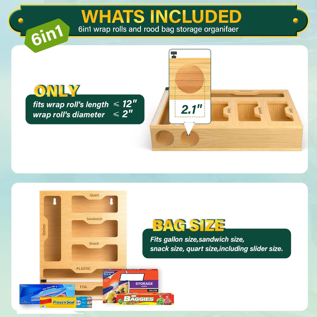 6-In-1 Durable Bamboo Kitchen Drawer Organizer with Cutter - Snack Bag, Gal, Qt, Sandwich Bag, Plastic Wrap, Foil Storage & Drawer-Ready Order Holder