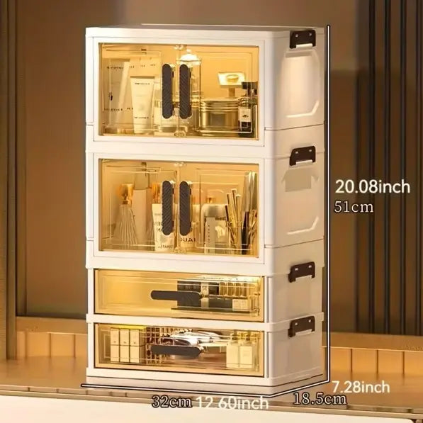 Rectangle Multifunctional Durable Storage Organizer - 3/4 Floors Foldable Large Capacity Retro White Golden Cosmetic Cabinet with Transparent Stackable Plastic Drawers, Makeup Organizer for Home Organization, Girl Gift