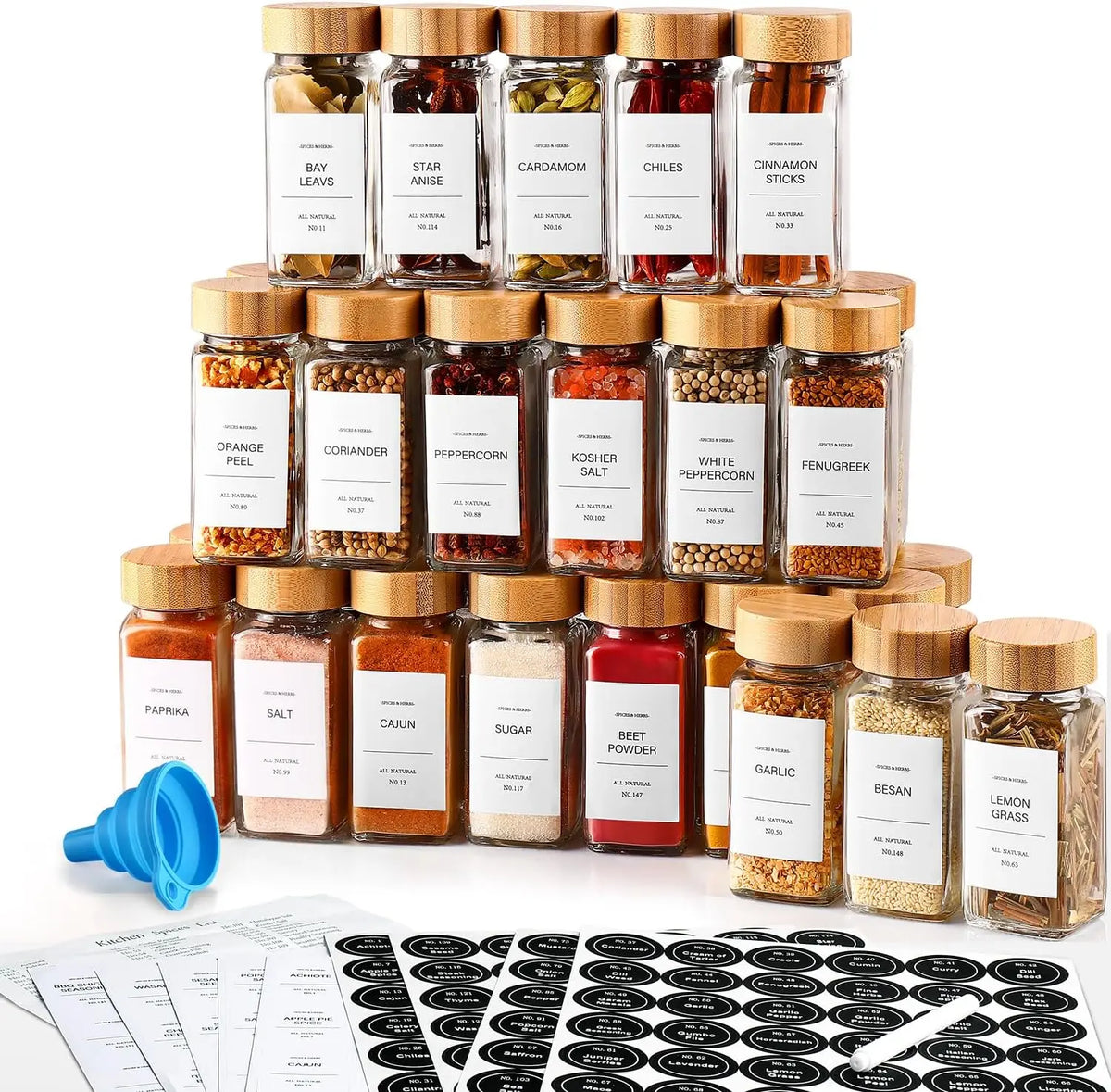 DWTS Danweitesi 36-Piece Glass Spice Jar Set - 4 Oz Square Kitchen Canisters with Bamboo Lids, 180 Labels, Funnel, Chalk Pen, Waterproof, Dishwasher Safe, Kitchen Utensils for Home Cooking & Family Gifting