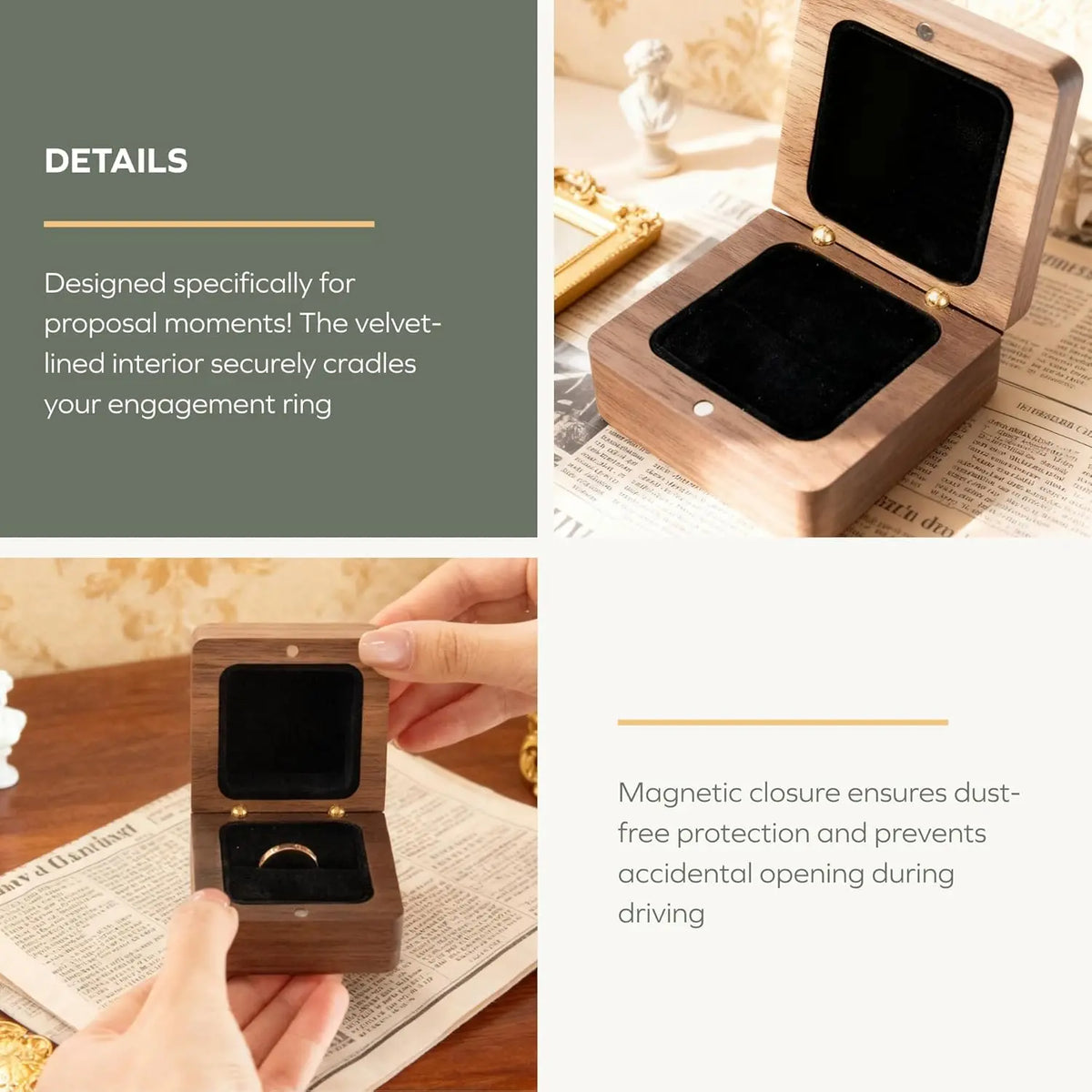Solid  Ring Box - Hand-Polished Engagement Ring Holder Box for Proposal, Wedding  Organizer | Romantic  for Couples, Brides & Grooms (Walnut Carved-2pcs)