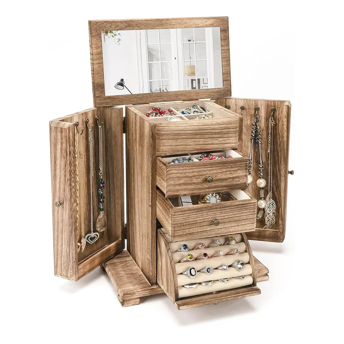 Emfogo Women's Linen Farmhouse-Style Decorative Wooden Jewelry Box with Mirror & Lid, 4-Layer Earring Holder Organizer with Compartment Containers for Rings, Necklaces, Bracelets (Farmhouse Style Storage)