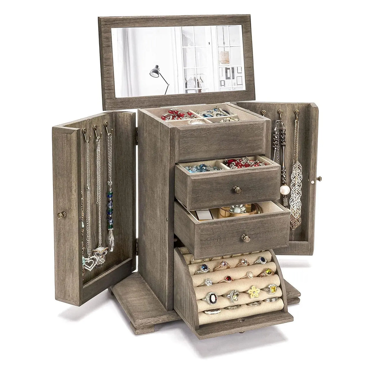 Emfogo Women's Linen Farmhouse-Style Decorative Wooden Jewelry Box with Mirror & Lid, 4-Layer Earring Holder Organizer with Compartment Containers for Rings, Necklaces, Bracelets (Farmhouse Style Storage)