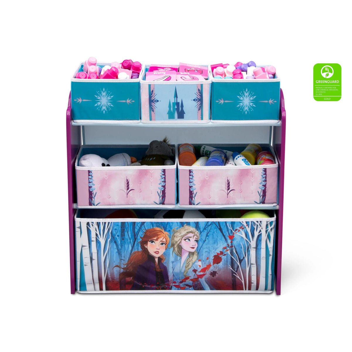 Delta Children Frozen II Themed 6-Bin Toy Organiser - Box Organiser with Vinyl-Decorated Fabric Bins, Reusable Stickers, Customizable Display Open Storage, Kid-Ready Home Decor & Storage Solution
