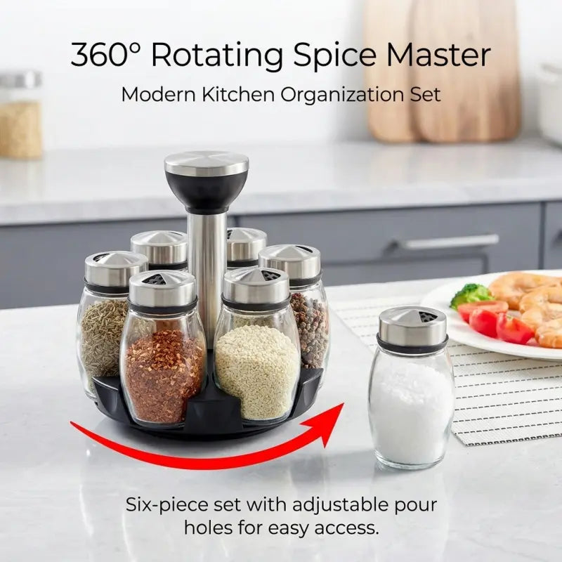 6-Jar Rotating Spice Rack Set, easy access and space-saving design with visible content, Glass Storage Jar, Spice Organizer, Glass Spice Jars. Keeps your kitchen tidy and holds all kinds of seasonings and spices.