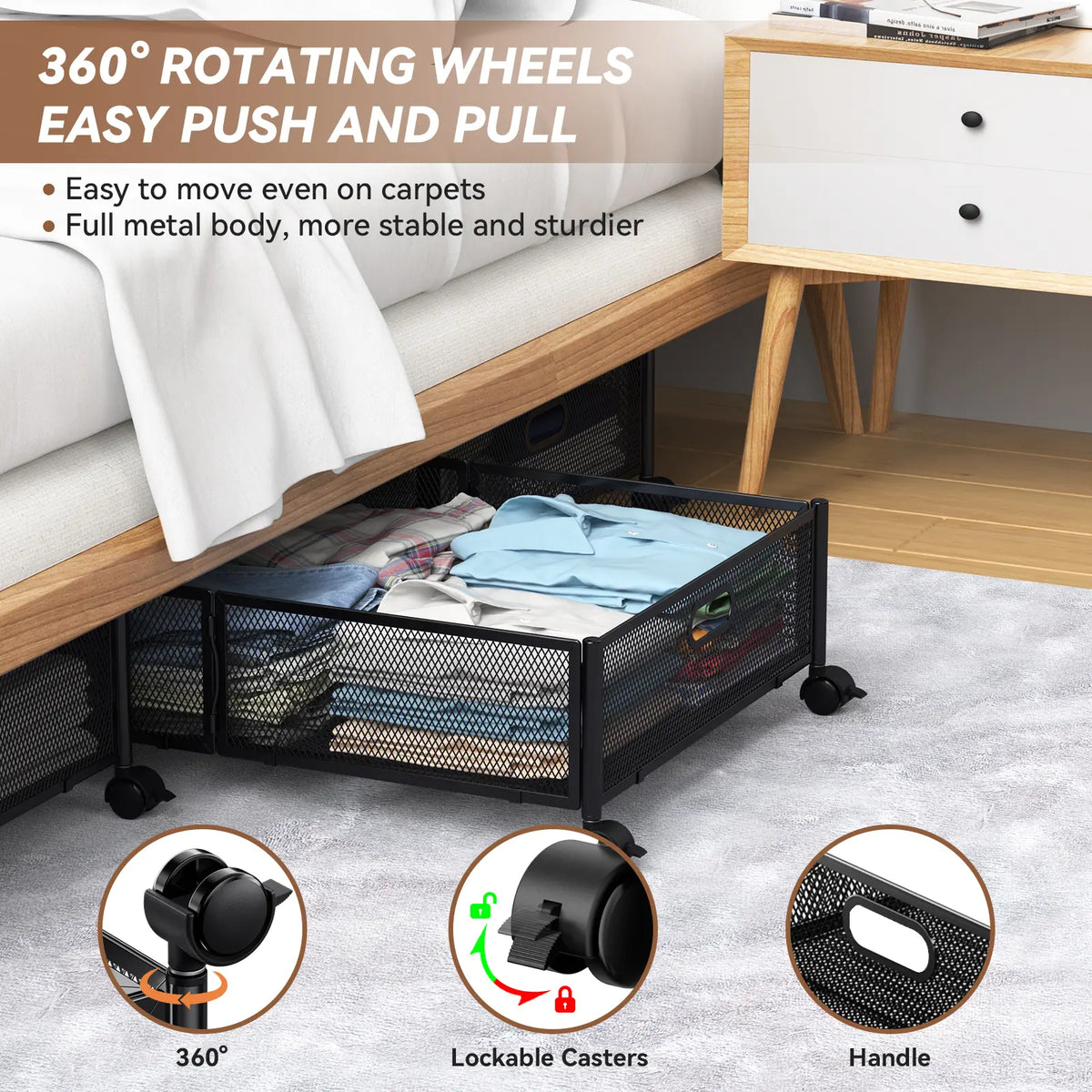 Flycity 2-Pack Under Bed Storage Box with Rotating Wheels - Durable Foldable Collapsible Organizer for Bedroom Clothes, Shoes - Closet Organization, Collapsible Easy Access Flexible Compact Open Storage Bins (Black/White), Collapsible Open Storage Bins
