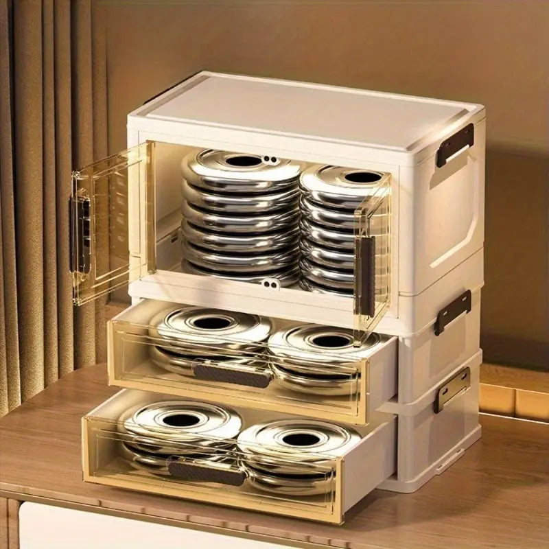 Rectangle Multifunctional Durable Storage Organizer - 3/4 Floors Foldable Large Capacity Retro White Golden Cosmetic Cabinet with Transparent Stackable Plastic Drawers, Makeup Organizer for Home Organization, Girl Gift
