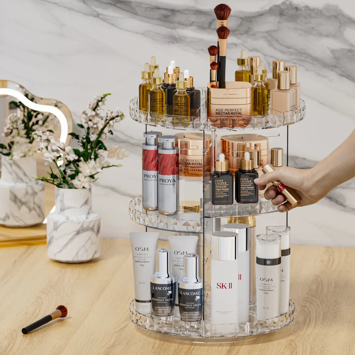 ZHIAI 360 Rotating Makeup Organizer, Large Capacity Cosmetics Organizer for Perfume Holder Organizer Countertop, DIY Adjustable Bathroom Makeup Carousel Holder Rack, Clear Diamond