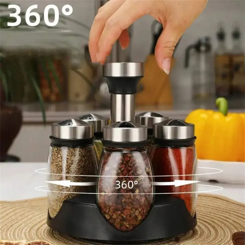 6-Jar Rotating Spice Rack Set, easy access and space-saving design with visible content, Glass Storage Jar, Spice Organizer, Glass Spice Jars. Keeps your kitchen tidy and holds all kinds of seasonings and spices.