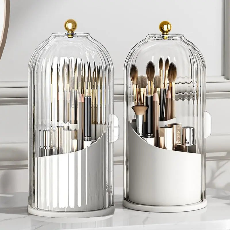 Luxury 360° Rotating Makeup Brush Holder with Transparent Door Lid - Modern Cosmetic Storage Box, Organizer Storage, Spin to Access Vanity Desktop Countertop Container for Students