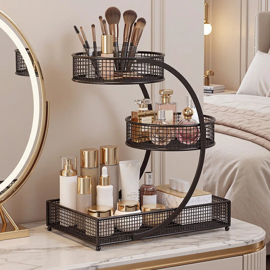 LOVEWE Tiered Heavy Duty Cosmetic Organiser - 3-Tier Freestanding Corrosion-Resistant Metal Vanity Cabinet-Rack with Compartmentalized Organizer Storage for Home Organization Solutions