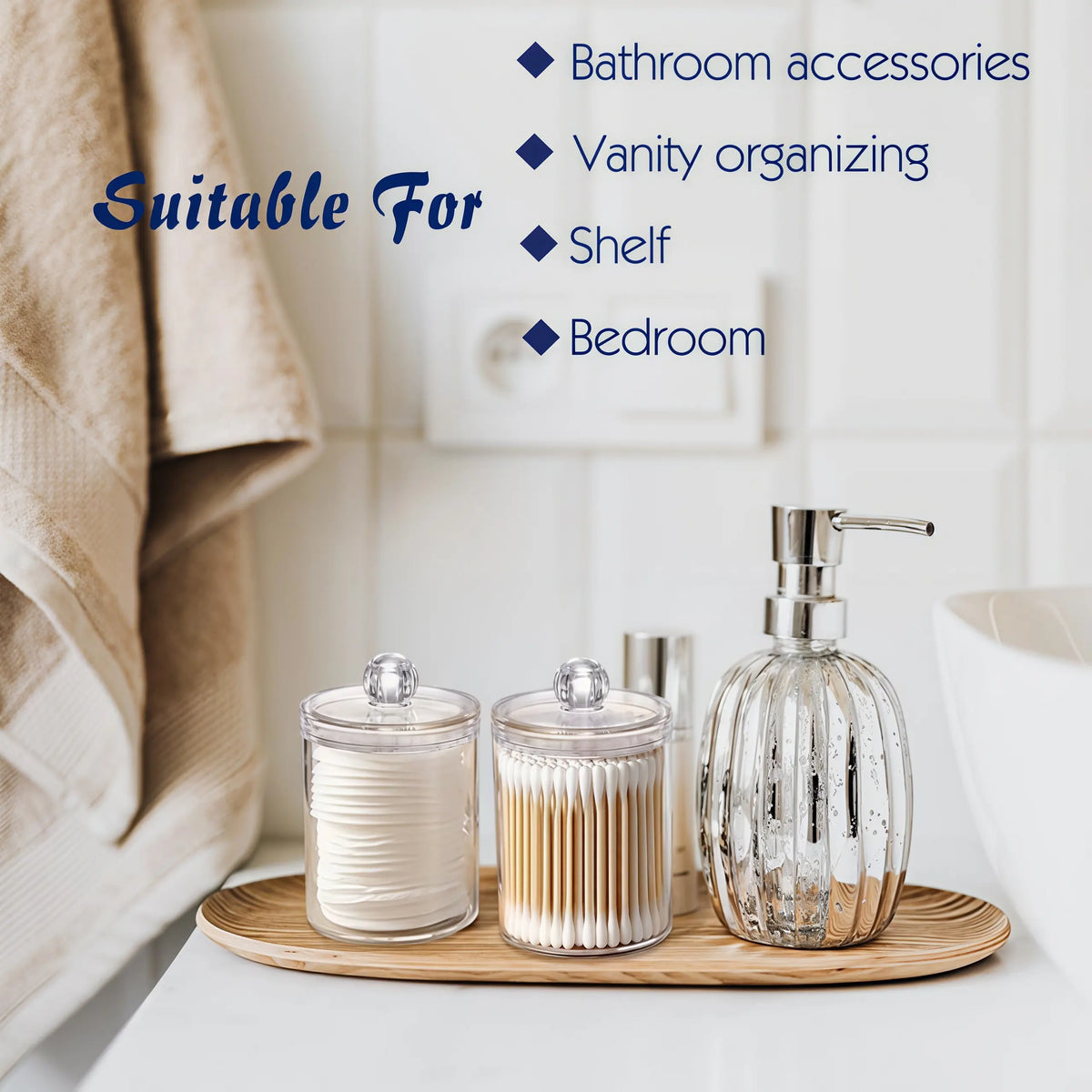 LMMAKE 4PCS Durable Transparent Apothecary Canister Qtip Holders - 10oz Stackable Plastic Storage Jars with Lids, Portable Vanity Organization Can Holder Cosmetic Organisers for Cotton Supplies (Restroom)