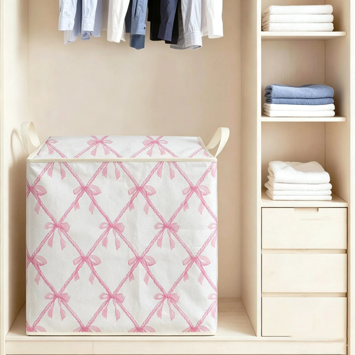 Large Capacity Lidded Storage Box, Storage Organizer Bins, Bow Print Bag, Durable Non-Woven Fabric, Perfect Home Gift for Blankets, Quilts, Clothes