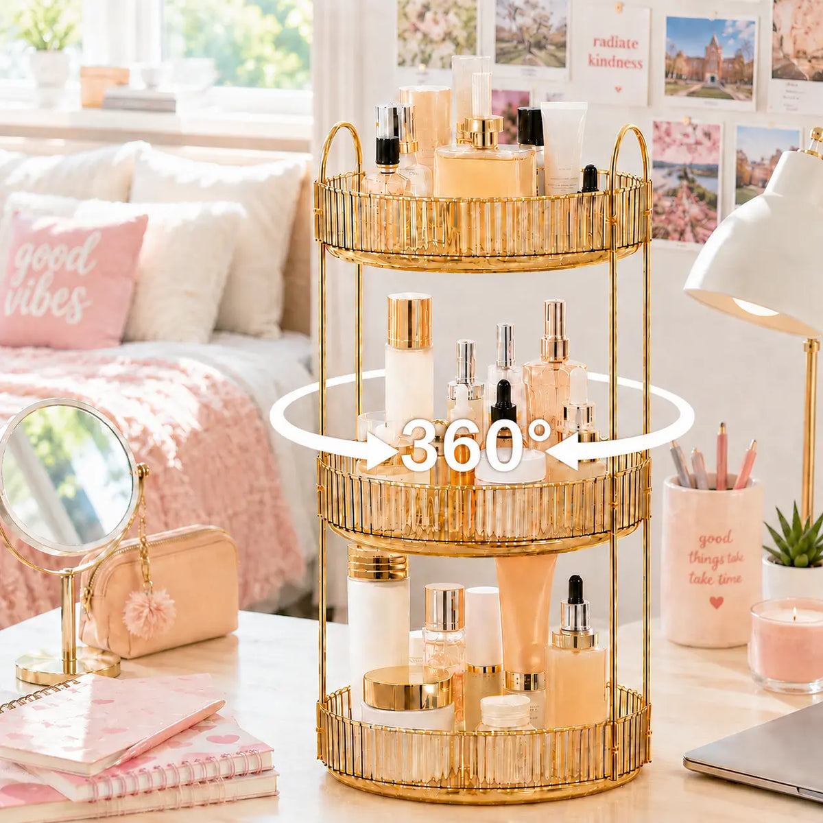 Raybee 360 Rotating Makeup Organizer, Large 2-3 Tier Acrylic Cologne Perfume Holder for Vanity Countertop,Dorm, Steady Lazy Susan Cosmetics Storage Organizer, Space Saving Fragrance Display Tower for Figures Lipsticks Brushes, Perfect for Back to School