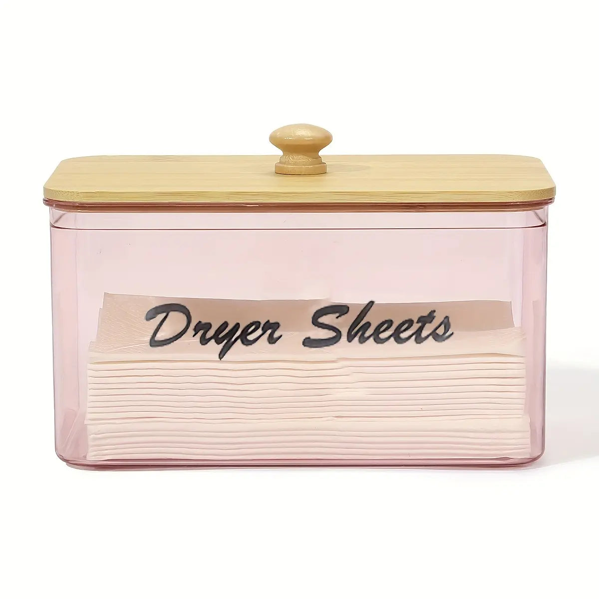 Clear Dryer Sheet Holder with Bamboo Lid, Transparent Plastic Storage Bin, Containers, Laundry Room Decor Storage Box with Label, Dryer Sheet and Detergent Pod Dispenser for Home