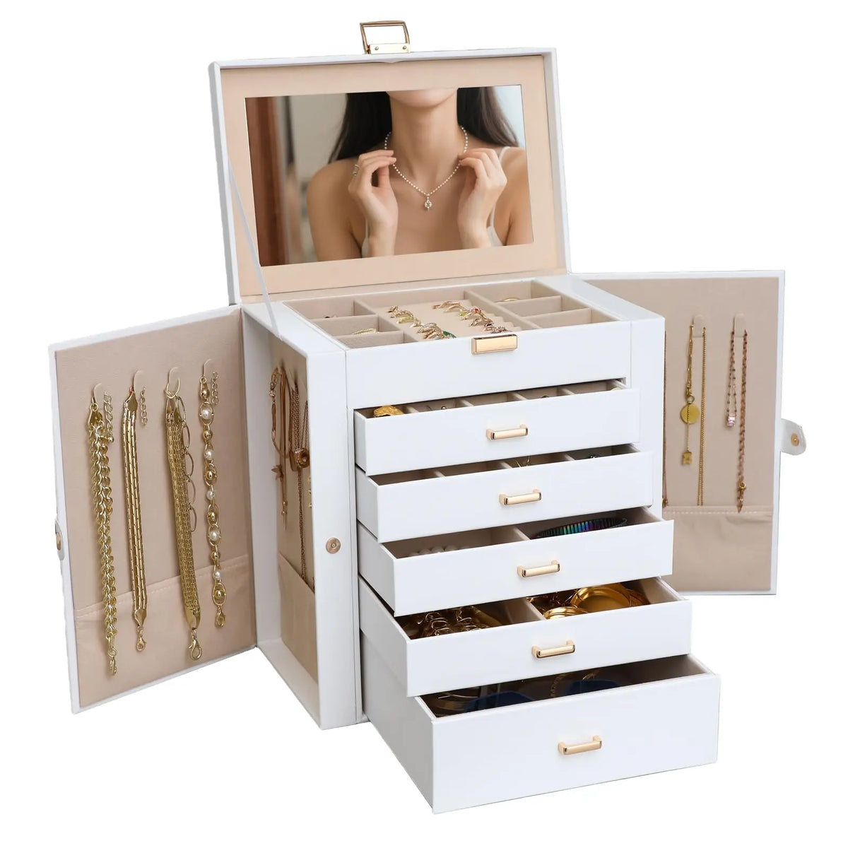 BOOVO Jewelry Box For women, 6 Layer Large Jewelry Organizer With Mirror, Multi-Function Storage Box With Lock, Necklace Holder With 5 Drawers, For Earrings Necklace Bracelet (Rose Gold and Gold)