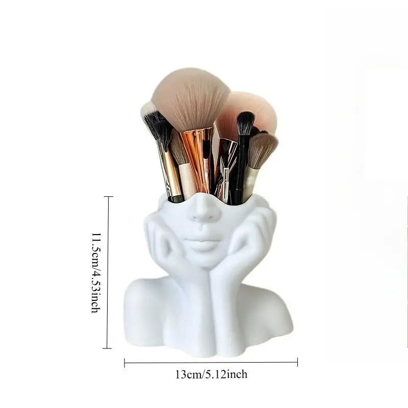 Face-Shaped Makeup Brush Holder - White Vanity Organizer, Cosmetics Organizer Storage, Makeup Tool Organizer with Eyebrow Pencil Slots, Portable & No Assembly Needed for Desk/Bathroom