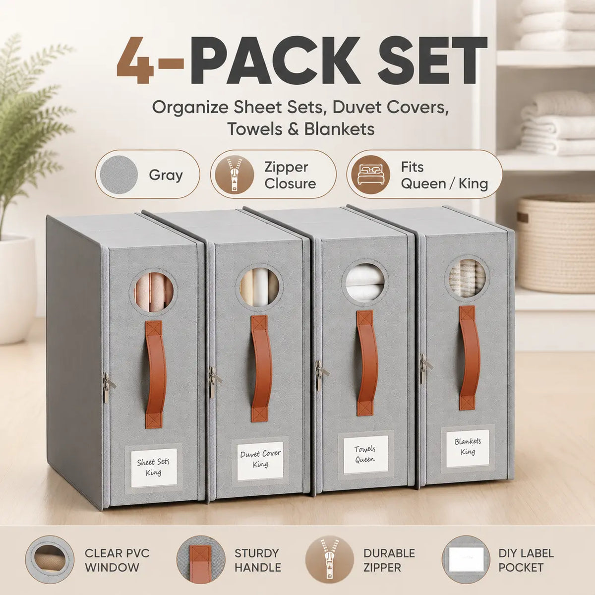 TRZZ 4-Pack Classic Folding Linen Storage Box Set - Closet Organizer System, 15"x13" Shelf Fit Bins, Dustproof Zipper Closure, Window, Reinforced Handles, Queen/King Sheet Organizer, Women's Home Gift
