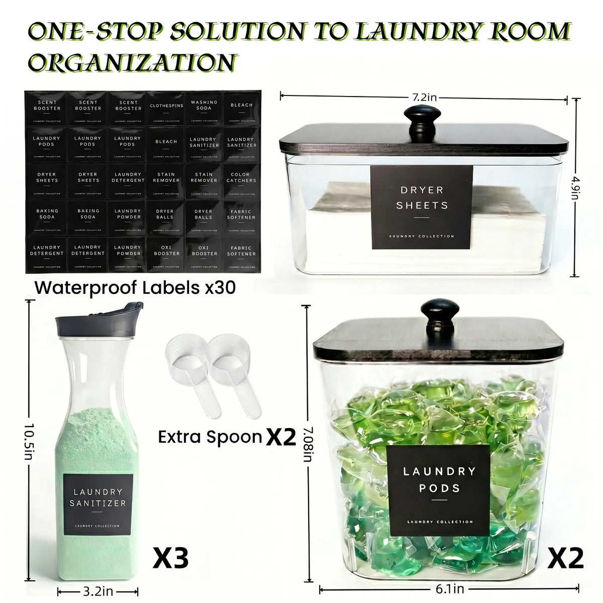 COCOLANCO Home Supplies Multifunctional Waterproof Silicone 6-Piece Modern Rectangle Laundry Organizer Box Set - 3 Pod Containers, 3 Dryer Sheet Holders with Bamboo Lids & Labels for Detergent Pods, Scent Booster Powder, Bottle Storage (Home Utility Room)