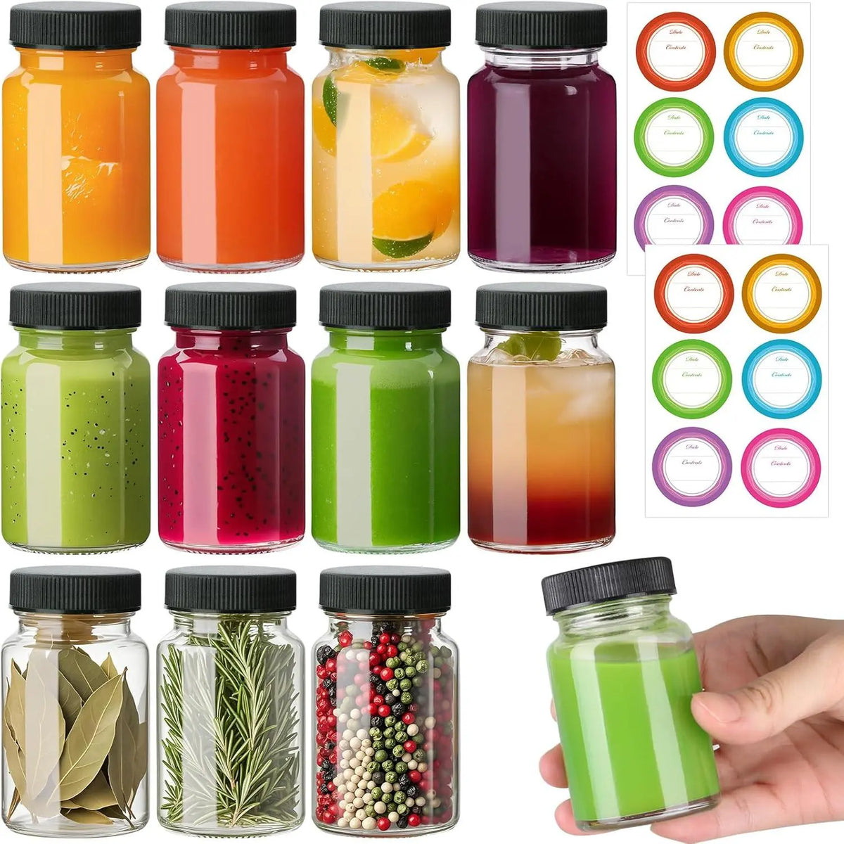 2 oz Glass Ginger Shots Bottle with Caps, 12 pack 60 ml Juice Shot Bottles,Leakproof Small Glass Bottles with Lids for Ginger,Beverages