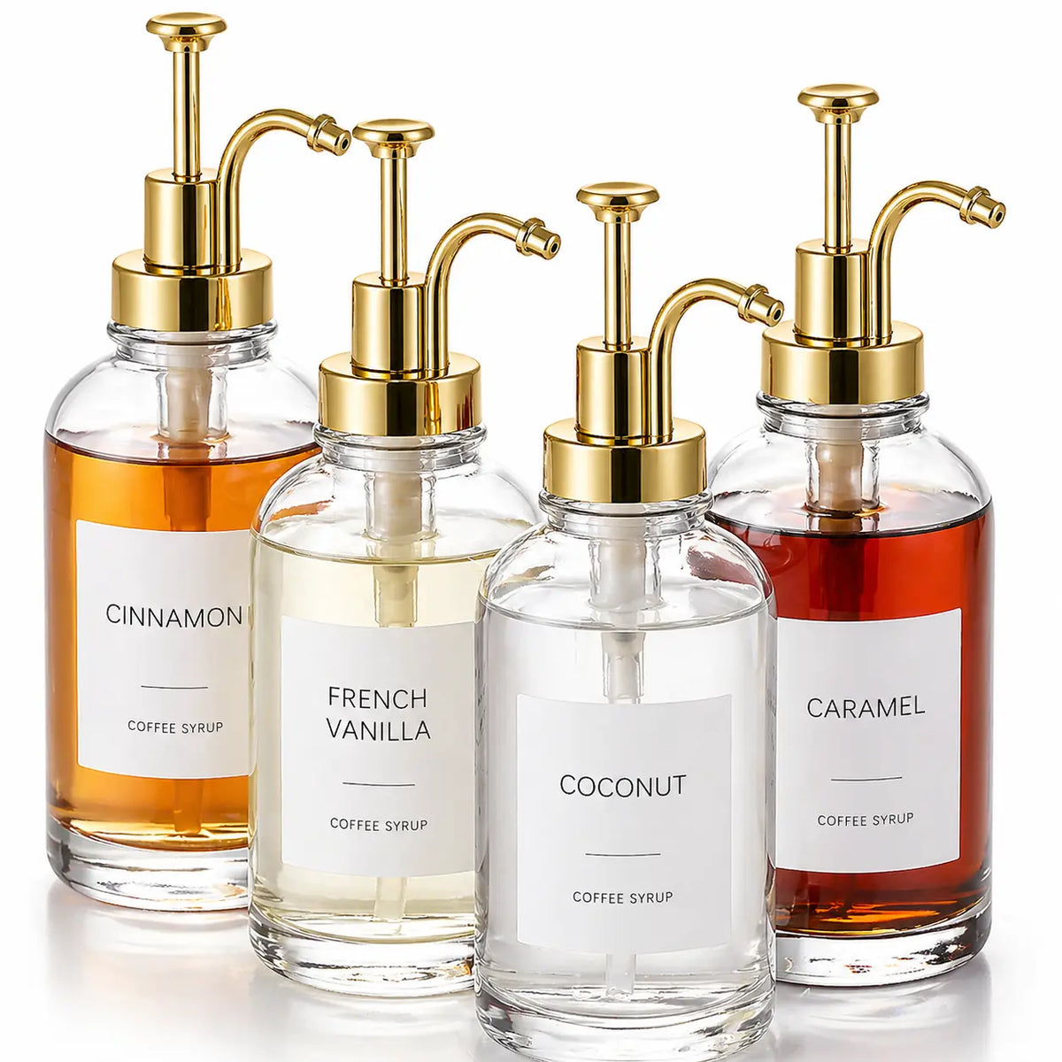4 Pack Aesthetic Glass Coffee Syrup Dispenser Set with Labels, 16.9oz Coffee Bar Accessories & Station Organizer with Gold Pumps for Syrup, Honey, Sauce