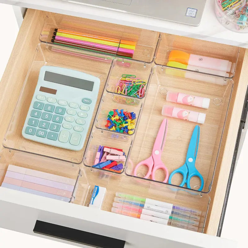 44 count Clear Plastic Drawer Organizers Set, 4-Size Versatile Bathroom and Vanity Organizer Trays, Non-Slip Storage Containers for Makeup, Jewelries, Bedroom,Kitchen Utensils and Office