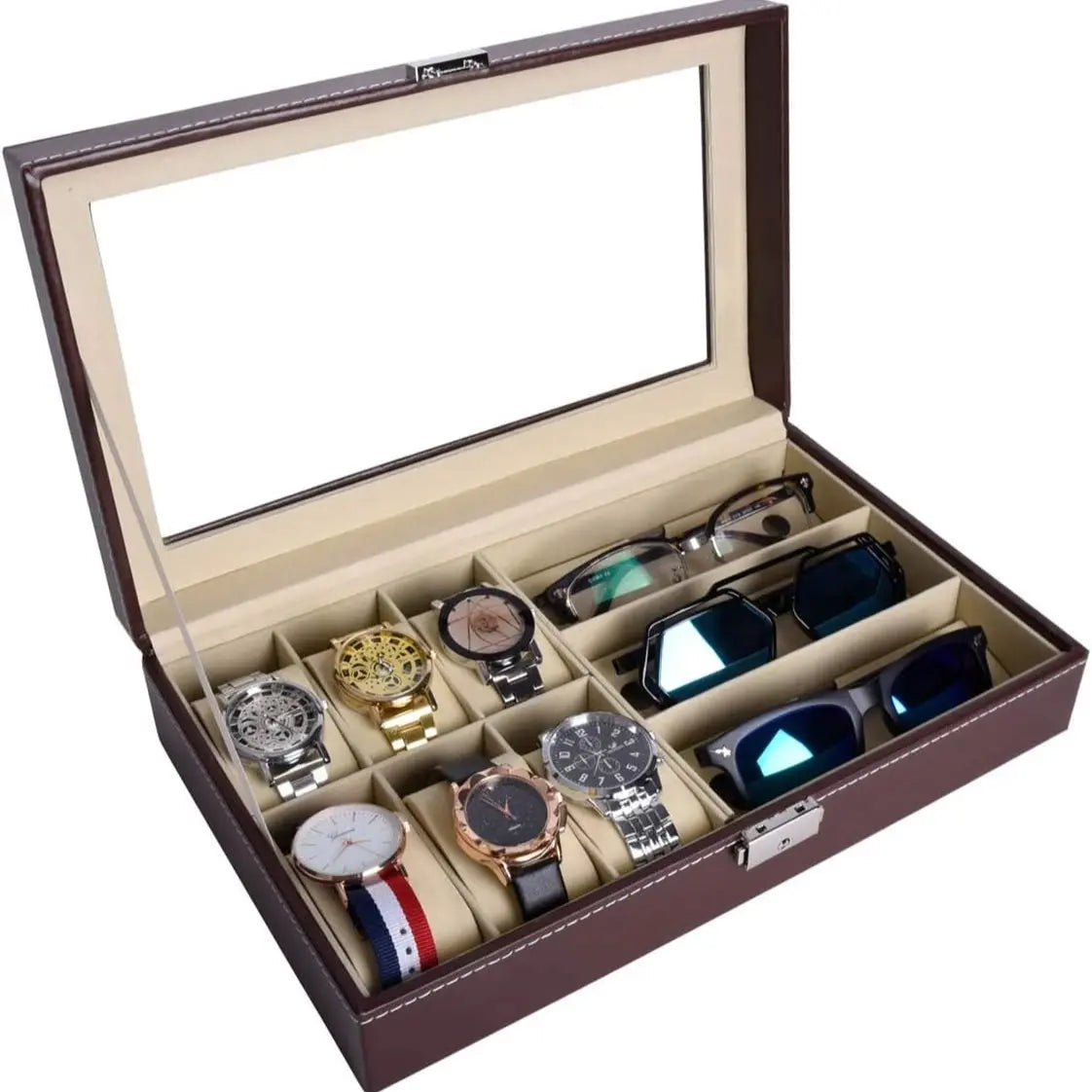 Black PU Leather Watch & Eyeglasses Organizer Box - 6-Watch, 3-Eyeglasses/Sunglasses Capacity, Glass Top, Classic Durable Jewelry Display Case with Fine Workmanship, Unisex Home Use Storage Holder, Gift