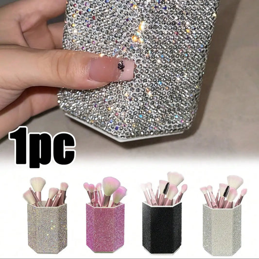 Hexagonal Crystal Makeup Brush Holder, Large Capacity, Decorative Shiny Surface, Multifunctional Cosmetic Storage Rack, Makeup Organizer Box for Bedroom Vanity Desk, Cosmetic Organiser, Cosmetic Organizers