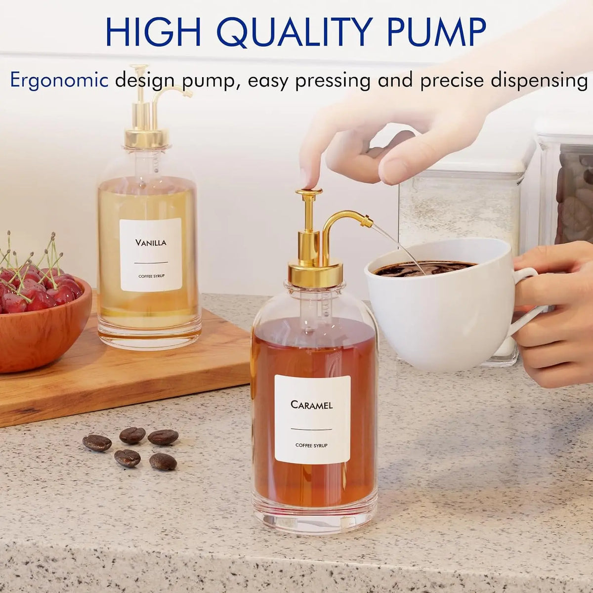 summerwins 500 ml (16.9 oz) Round Glass Coffee Syrup Pump Dispenser Containers Set - 4 Bottles with Gold Pumps, 28 Syrup Labels, Half Tsp Dispense, Bubble Wrap Pack, Stylish Home Storage Supplies for Coffee Enthusiasts
