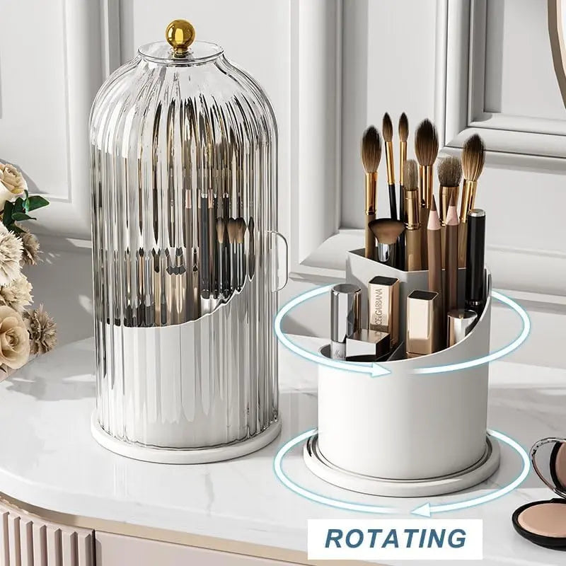 Luxury 360° Rotating Makeup Brush Holder with Transparent Door Lid - Modern Cosmetic Storage Box, Organizer Storage, Spin to Access Vanity Desktop Countertop Container for Students