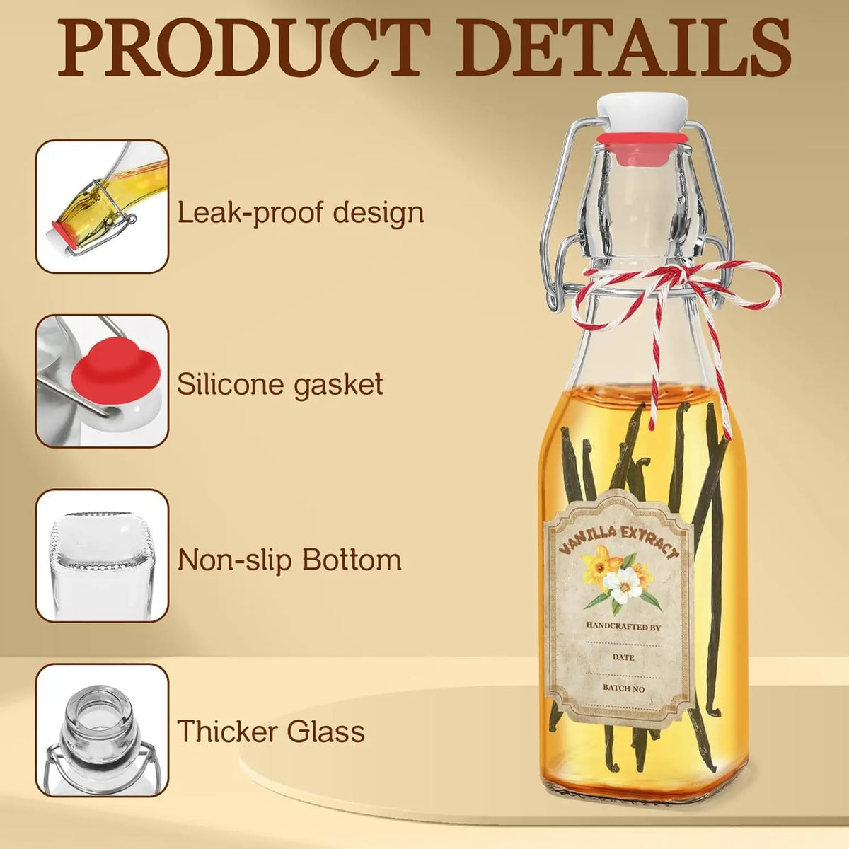 10-Pack 8oz (6 – 8.9 Fl Oz) Swing Top Glass Vanilla Extract Bottles with Flip Top Lids, Funnel & Labels – Boston Glass Storage Bottles for Syrup Gifting, Home Organizer Supplies by Sohochic