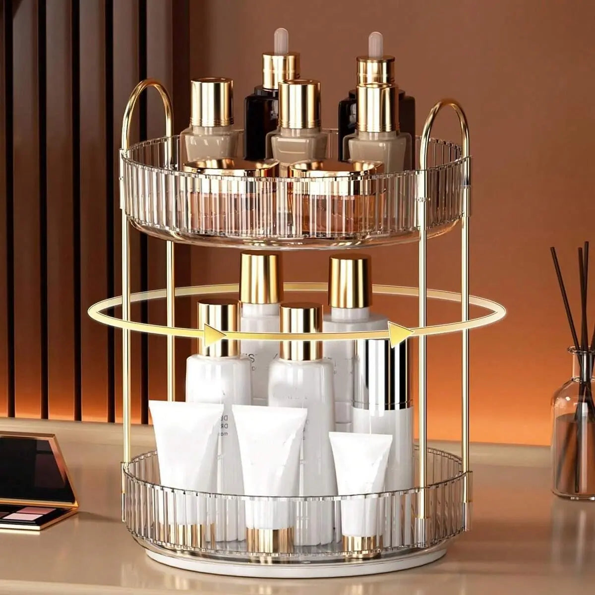 360 Rotating Makeup Organizer And Storage For Vanity Countertop 2 Tiers High Capacity Cosmetic Skincare Perfume Organizer For Dresser Bathroom Lazy Organizers Clear